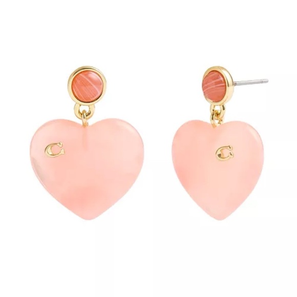 Coach Signature Logo Pink Resin Heart Drop Dangle Earrings Goldtone NEW - Picture 3 of 6